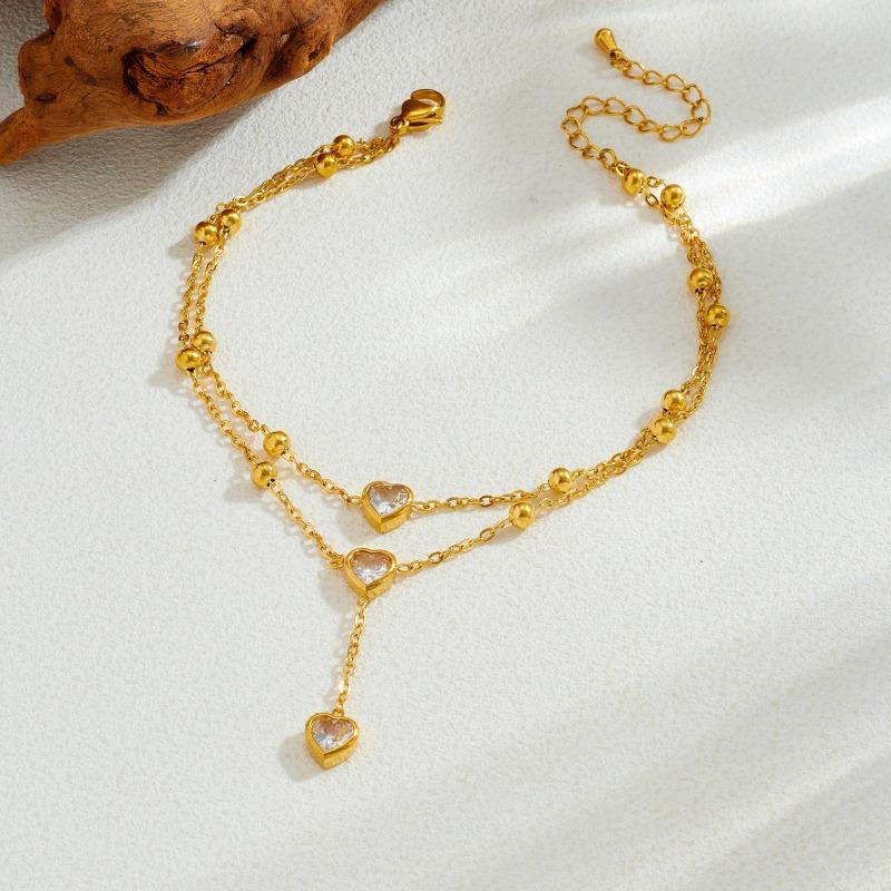 Gold Plated Stainless Steel Double Layer Heart Crystal Lariat Anklet for Women золотой