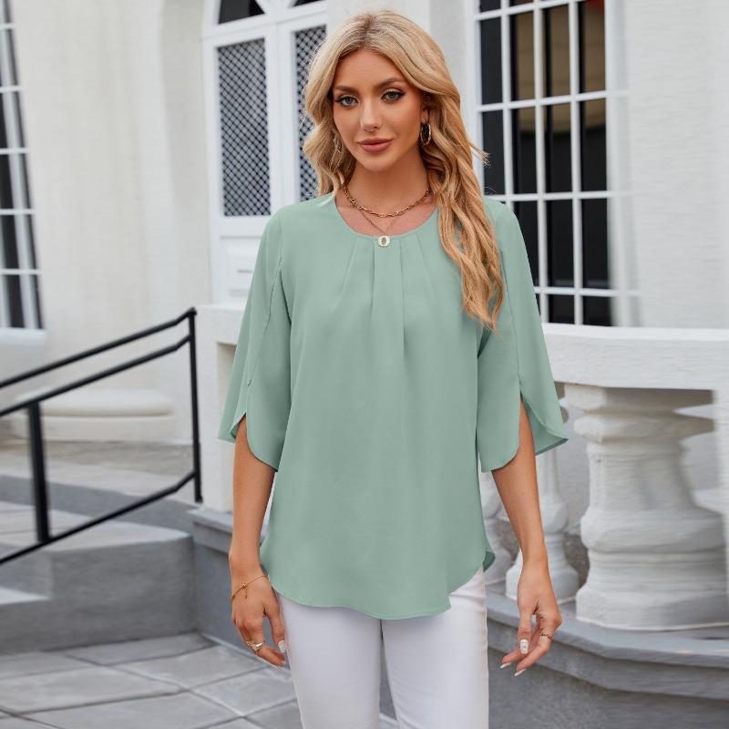 Solid Color Round Neck Five Quarter Sleeve Short Sleeved Loose Chiffon Top for Women Tops