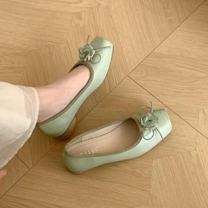 Fashion Women's Chunky Single Shoes Autumn New Square Head Shallow Mouth Flower Butterfly Knot Soft Sole Non-slip Low Top Shoes