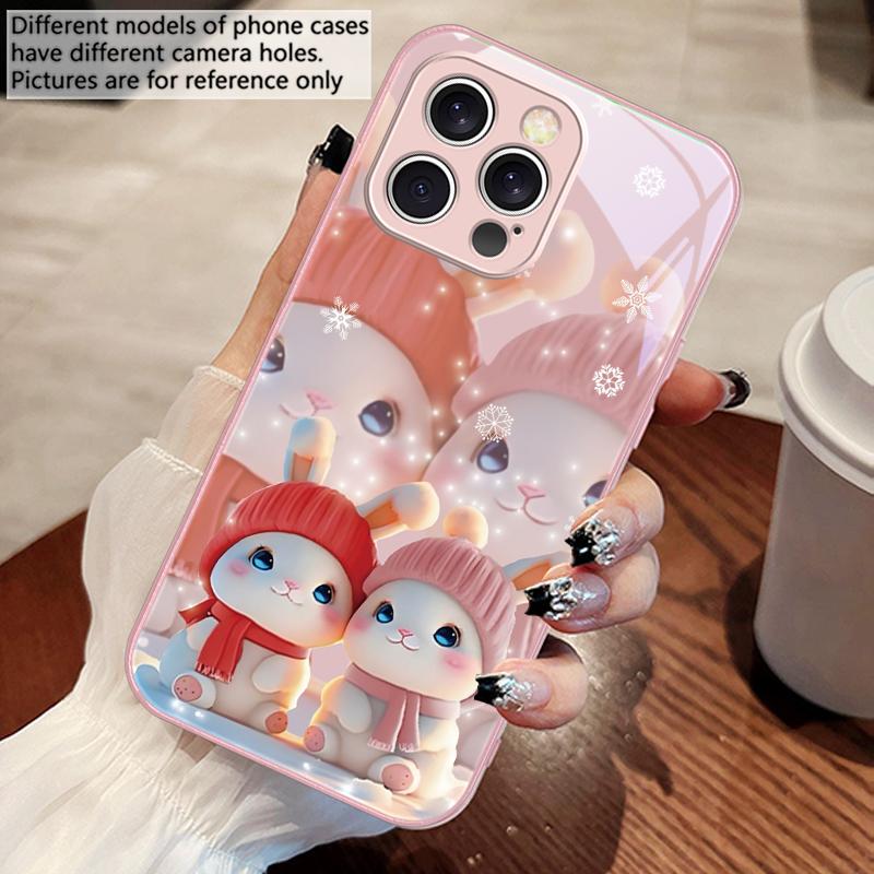 Cute Pink Twin Rabbits For iPhone 16 E 15 14 13 Plus 12 Mini 11 Pro Max XR Xs Max X 7 8 6 6S 2022 Tempered Glass Phone Case