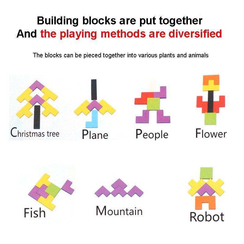 1 Set Wooden Blocks Puzzle Brain Teasers Toy Tangram Jigsaw Intelligence Colorful 3D Russian Blocks Montessori Educational