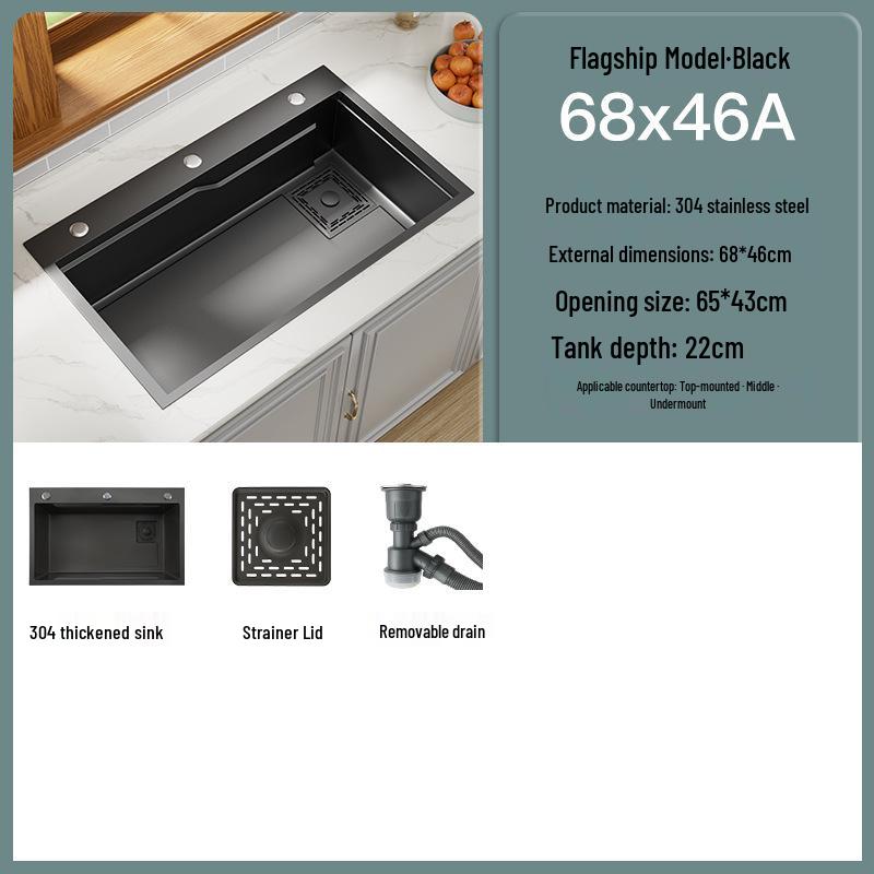 Black Nano 304 Stainless Steel Kitchen Sink: Large Single Bowl Vegetable Washing Basin
