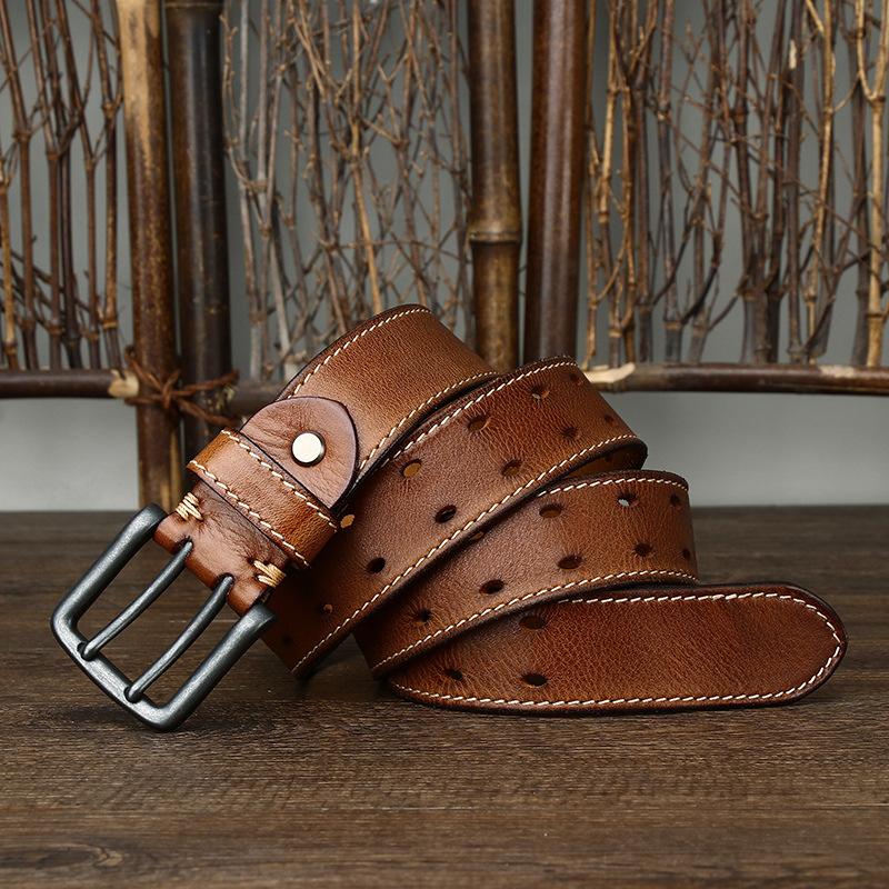 Belt Men's Retro Trendy All-Match Italian First Layer Cowhide Double Pin Buckle Genuine Leather Jeans Belt
