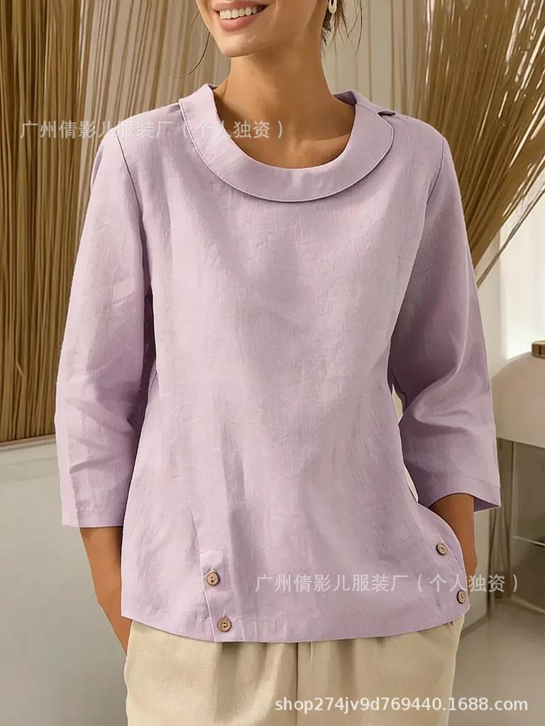 2026 Cotton Linen Plus Size Women's Sailor Collar Top - Loose & Slimming Solid Color Casual Shirt
