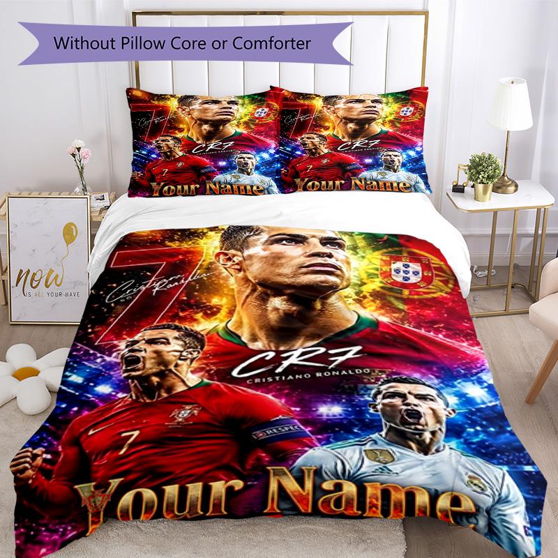 Cristiano Ronaldo Customizable Name Bed Sheet Set Perfect for Study Room Breathable Duvet Cover Custom Room Decor Birthday/Christmas Gift Idea