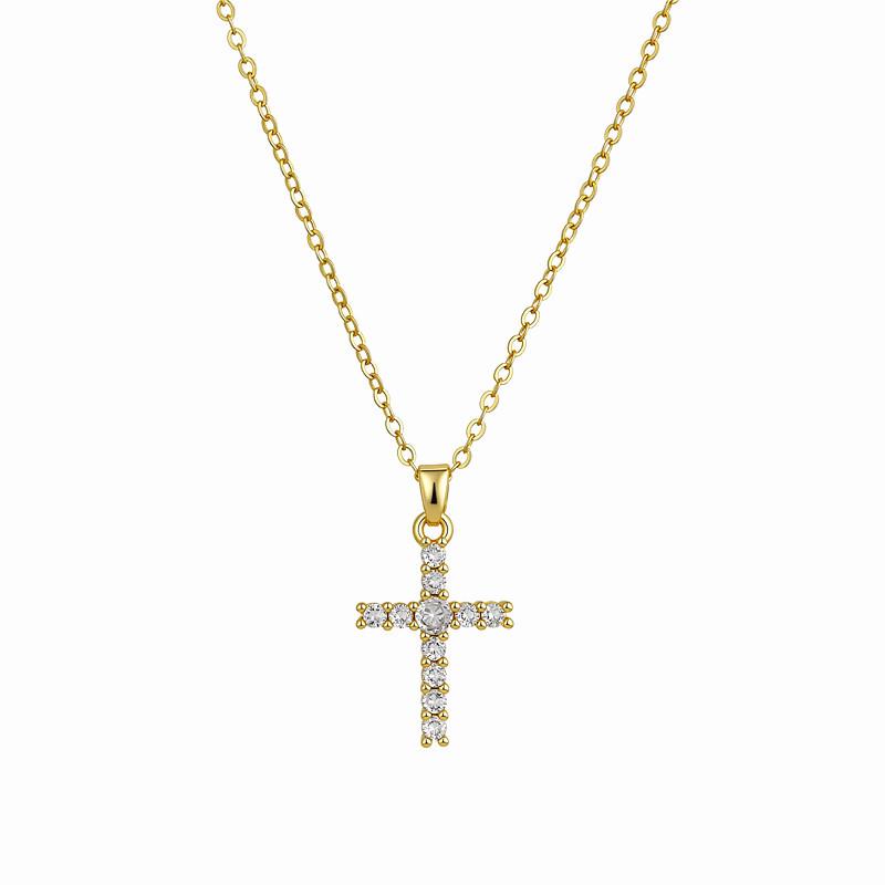 18K Gold Zircon Diamond Cross Necklace Clavicle Chain