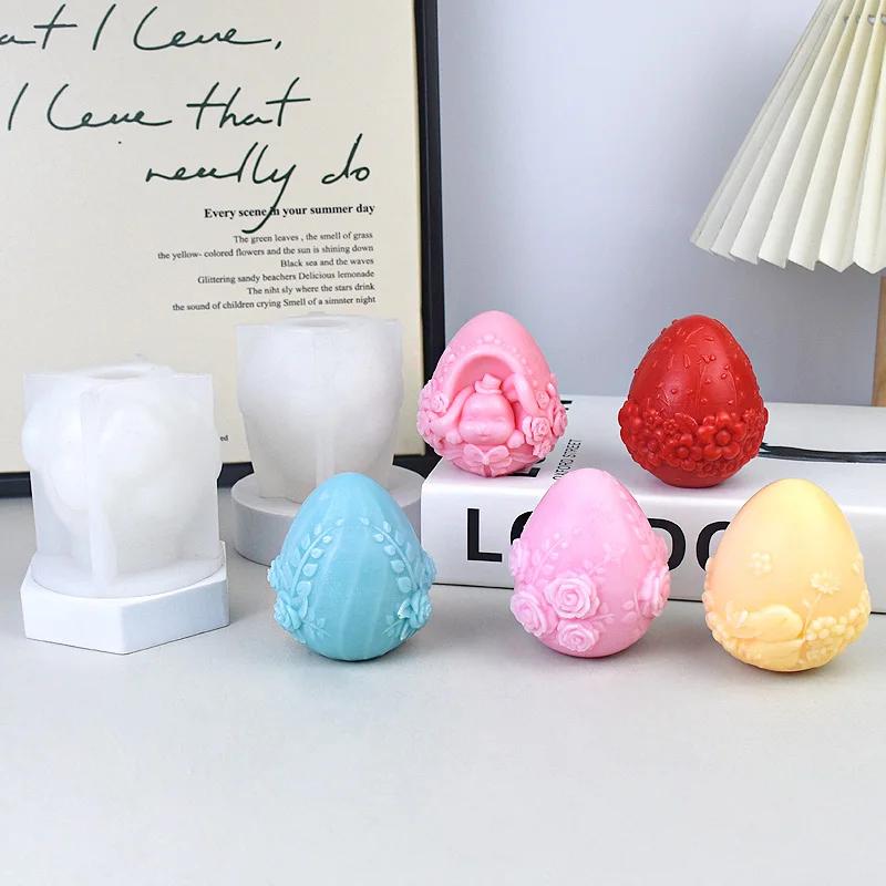 3D Flower Relief Egg Candle Silicone Mold Rose Peony Flowers Goog Candle Molds Rabbit Statue Eggs Resin Gypsum Mould Easter Gift