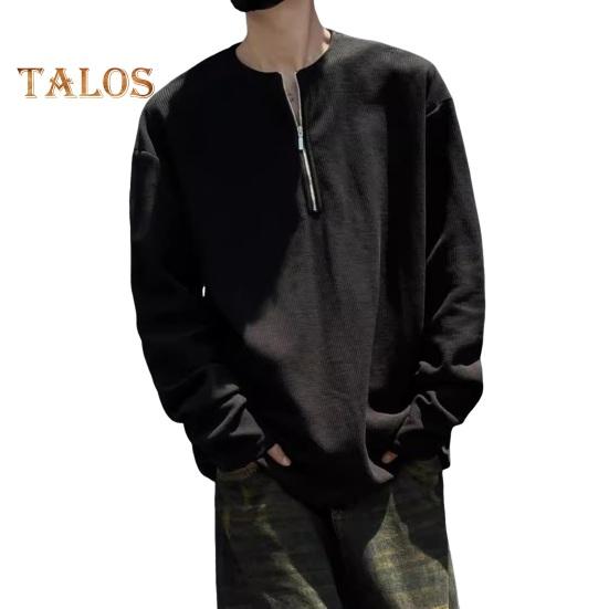 

Мужской осенне-весенний топ с круглым вырезом, свободный, однотонный, с вафельной текстурой, с застежкой-молнией на половину длины, повседневная спортивная, школьная, рабочая толстовка XL чёрный