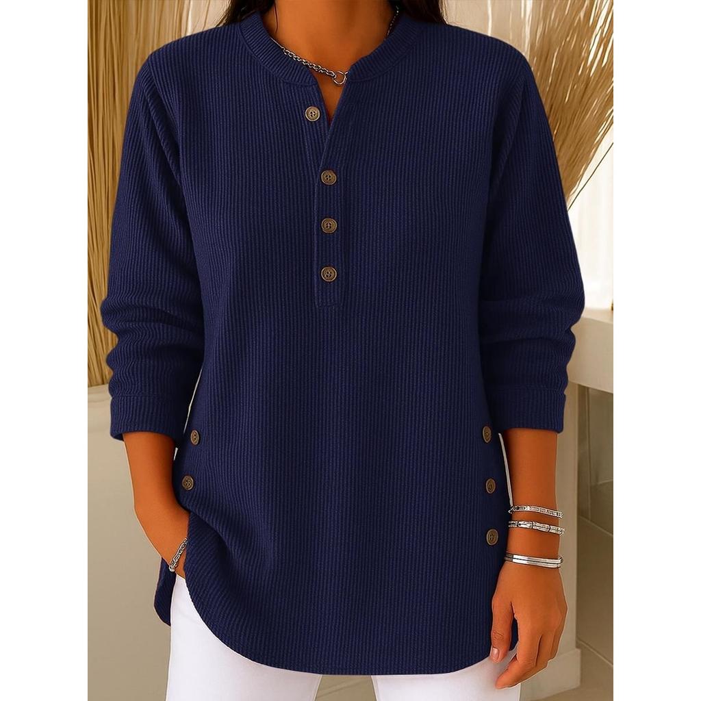 2025 Autumn Winter New Women's Solid Color Loose V-Neck Button Long Sleeve Casual T-Shirt Top for Europe America