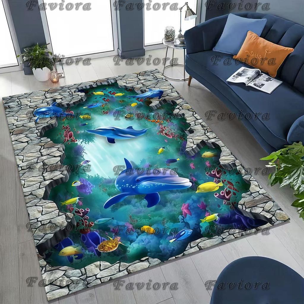 27 Style 3D Illusion Sea Underwater World Dolphin Rug for Bedroom Living Room Sofa Home Doormat Decor, Kids Non-slip Floor Mat