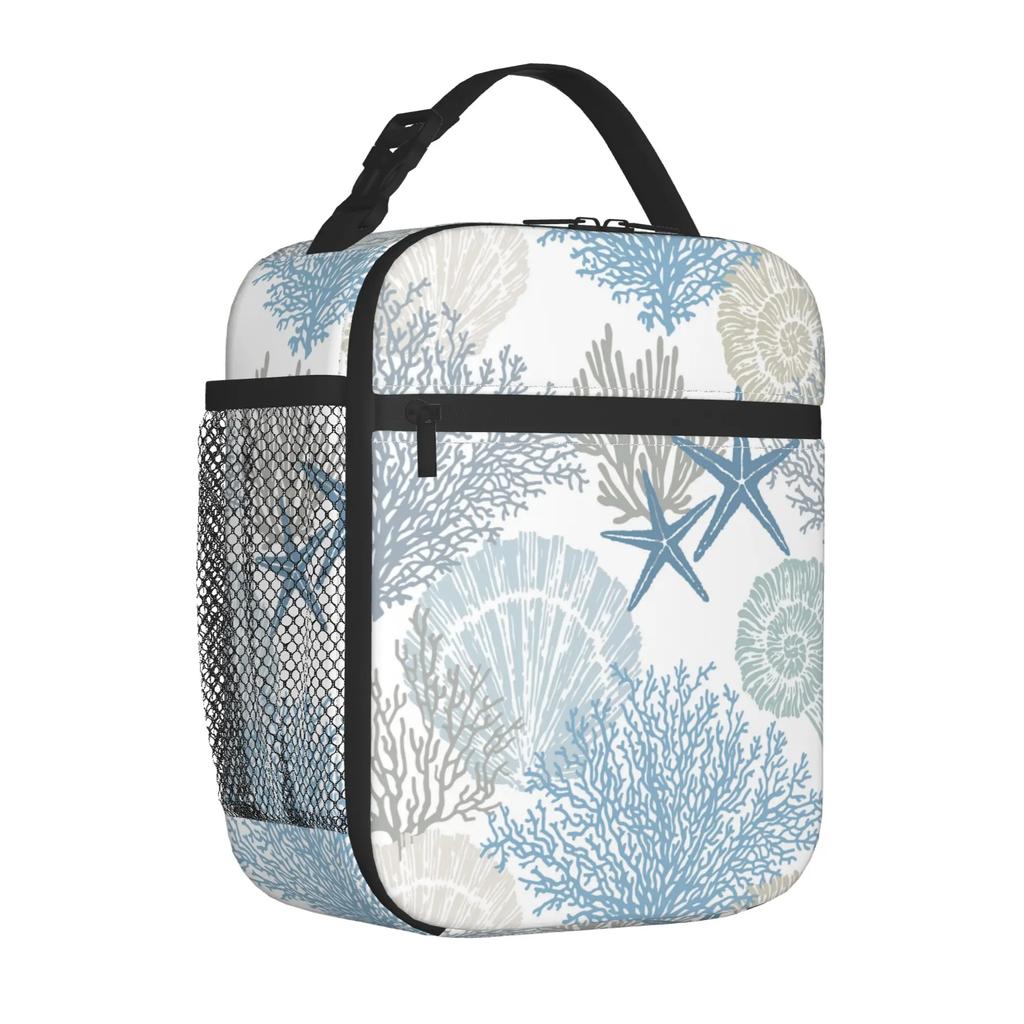 Blau Weiß Ozean Koralle Isolierte Brotdose Wiederverwendbare Thermische Lunchtasche Mahlzeit Tragbarer Behälter Tragetasche für Damen Arbeit Picknick Reise