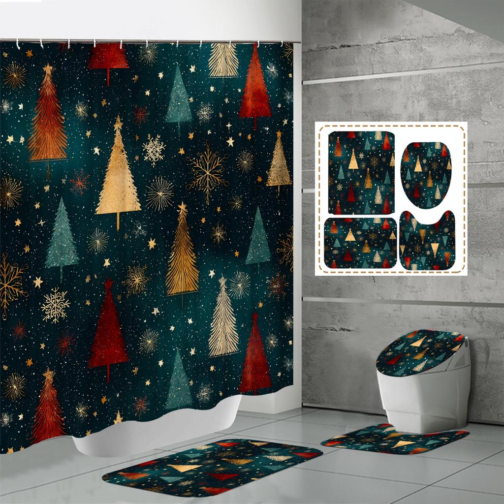 4PCS Shower Curtain Sets With Shower Curtain And Rugs Toilet Lid Rug U Shape Mat And Bath Mat Bathroom Set With 12 Hooks