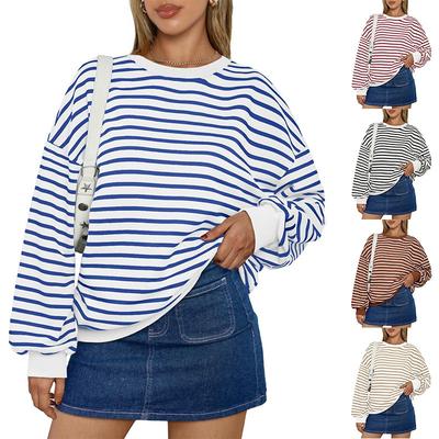 Women's Autumn and Winter Color Striped Crew Neck Loose Sweatshirt Hoodie Top