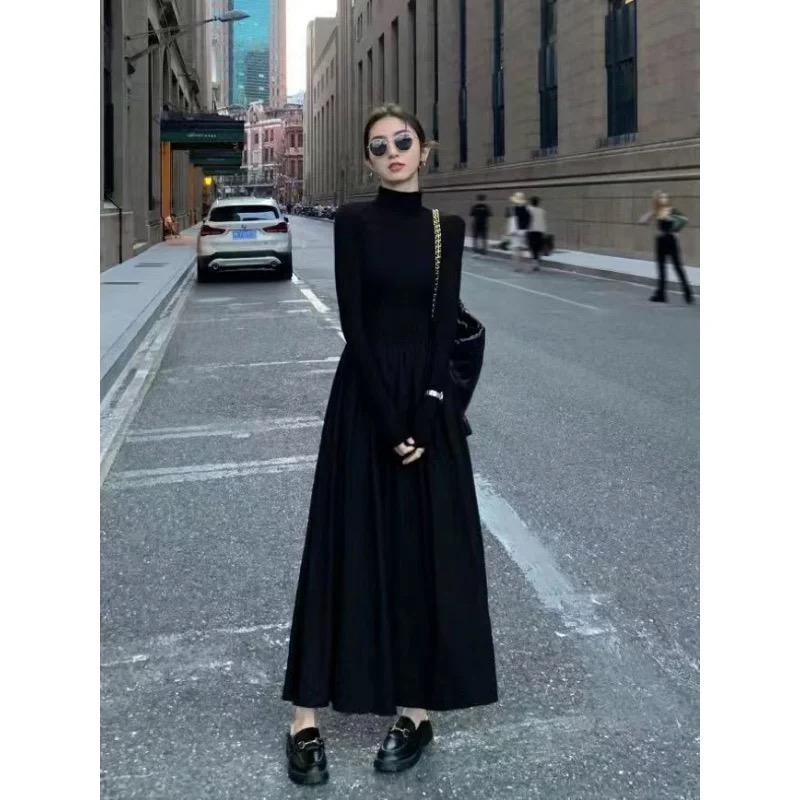 LYRIA New French Style Temperament Women's High-Grade Black Dress Hepburn Style Gray Turtleneck Dress for Women Autumn Winter