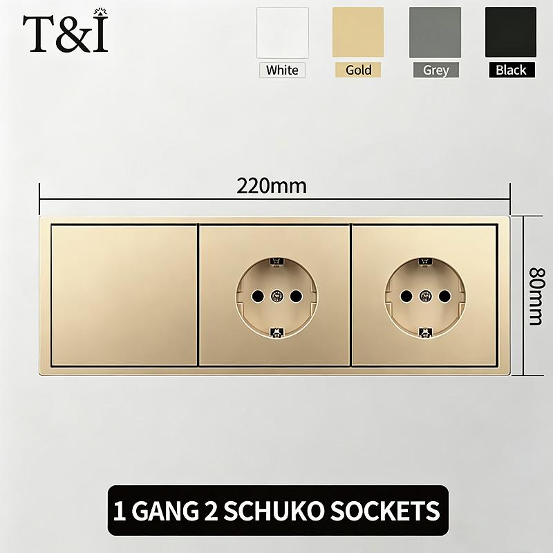 Flush Mount EU Electrical Socket 16A 250V with USB Type-C Charging 1/2 Gang Switch, 80x80mm Golden Panel for European Standard
