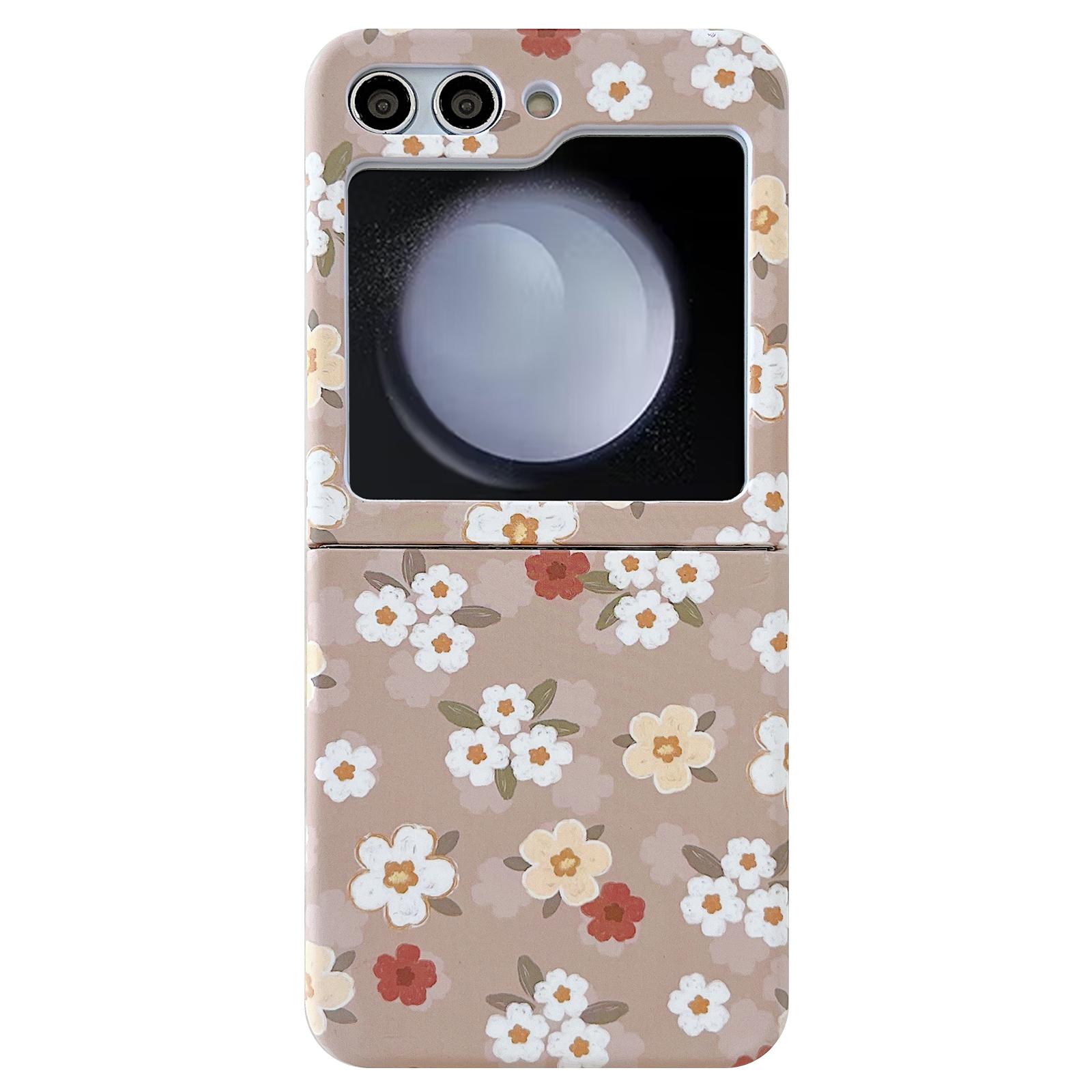 

For Samsung Galaxy Z Flip5 5G Glittery Powder Phone Case PC Phone Shell with Long Strap Flower/Brown