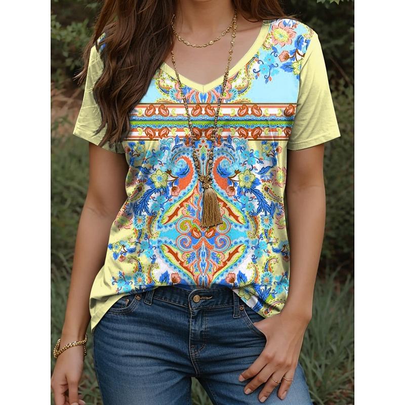 

Летняя женская футболка в стиле ретро с этническим принтом, V-образным вырезом и коротким рукавом, уличный повседневный топ, на выбор несколько стилей и размеров 8XL