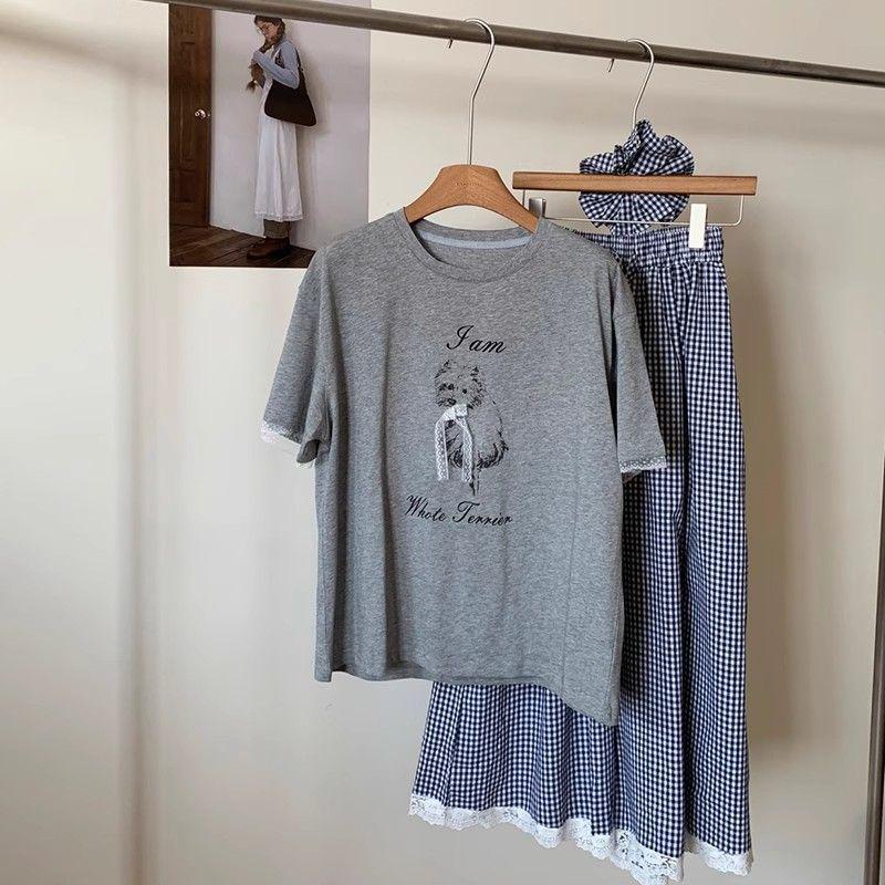 

Женская футболка с коротким рукавом в корейском стиле Baiyi Jiao и клетчатые брюки, летний костюм-двойка 2XL (130-145 jin)