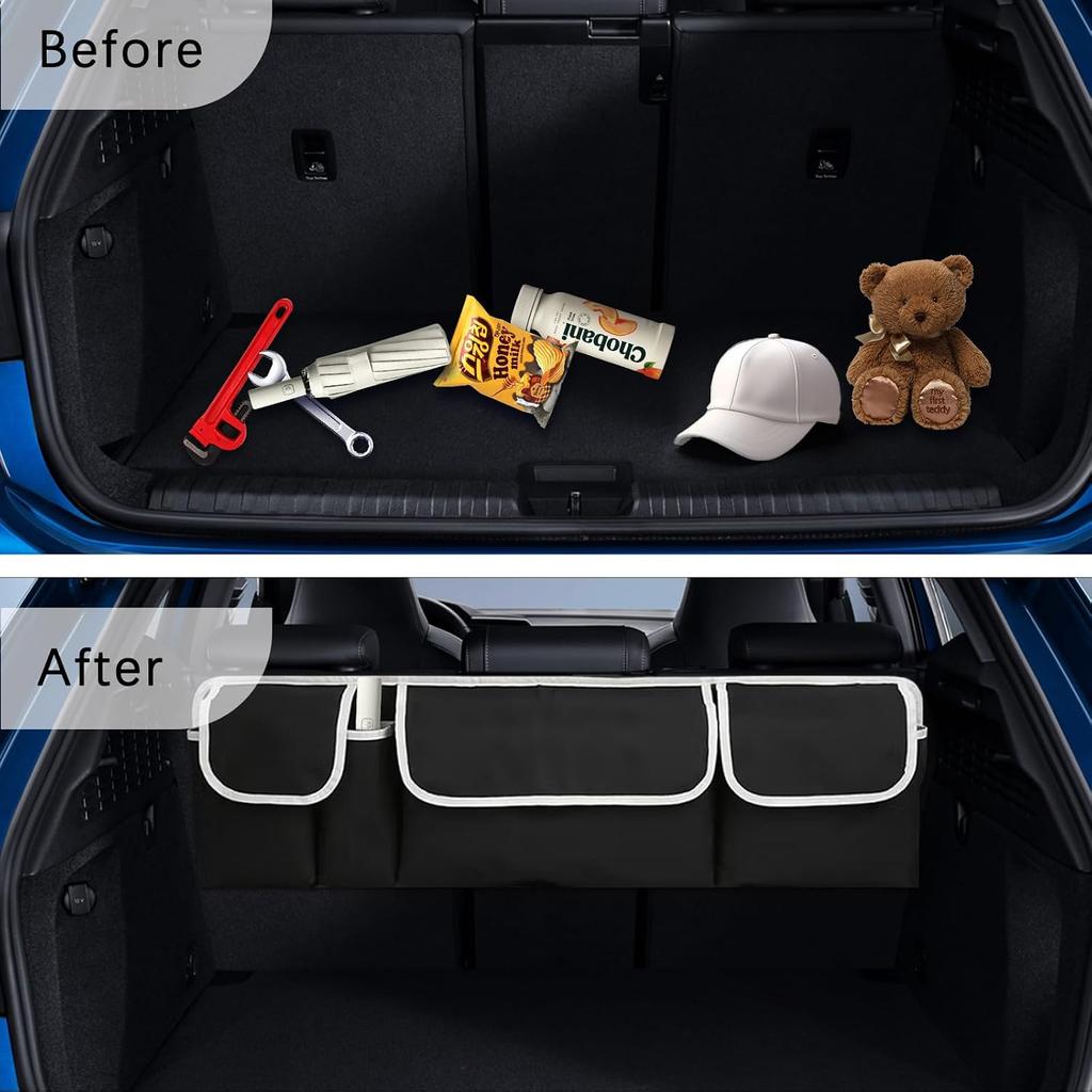 Collapsible Car Back Seat Trunk Organizer 600D Oxford, 4 Large Pockets Waterproof Rear Seat Storage Bag with Adjustable Straps for SUV Truck Van