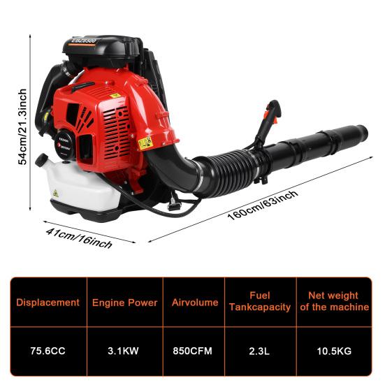 Backpack Gas Leaf Blower, 75.6cc 2 Stroke Engine, 850CFM, 200MPH, High Power Gasoline Leaf Blower, 2.3L Fuel Tank, Ergonomic Blower for Leaf, Sand,
