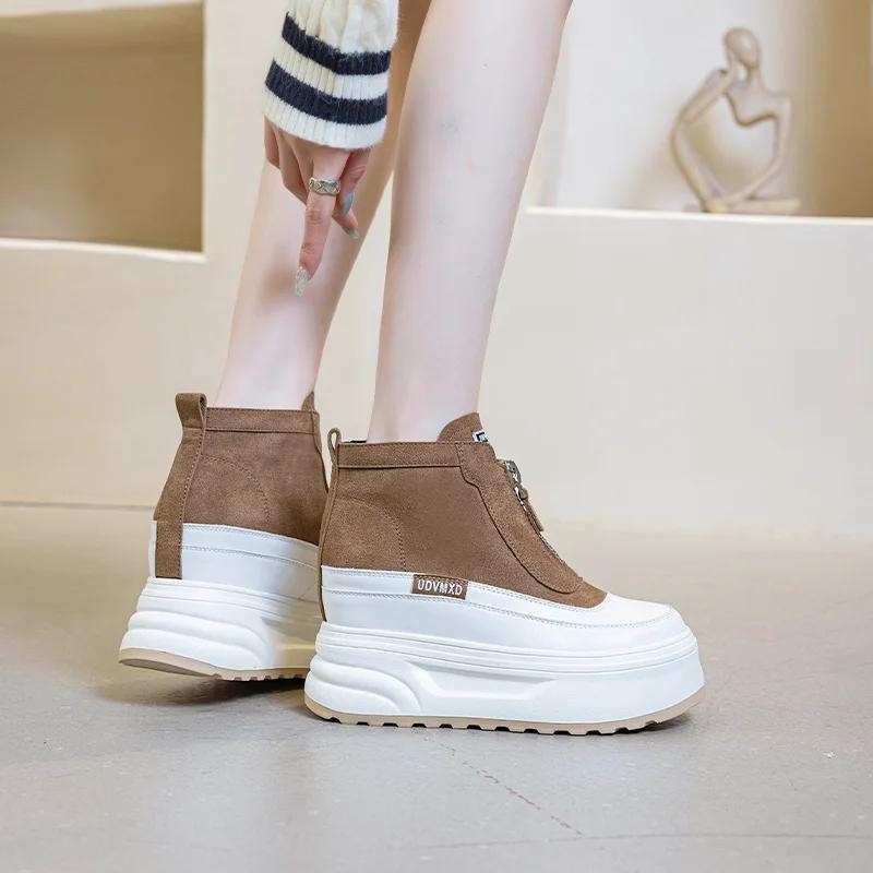 Heel 10cm Suede Cow Genuine Leather  Autumn Ankle Booties Moccasins Chimney Women Chunky Sneakers Boots Spring Fashion Shoes