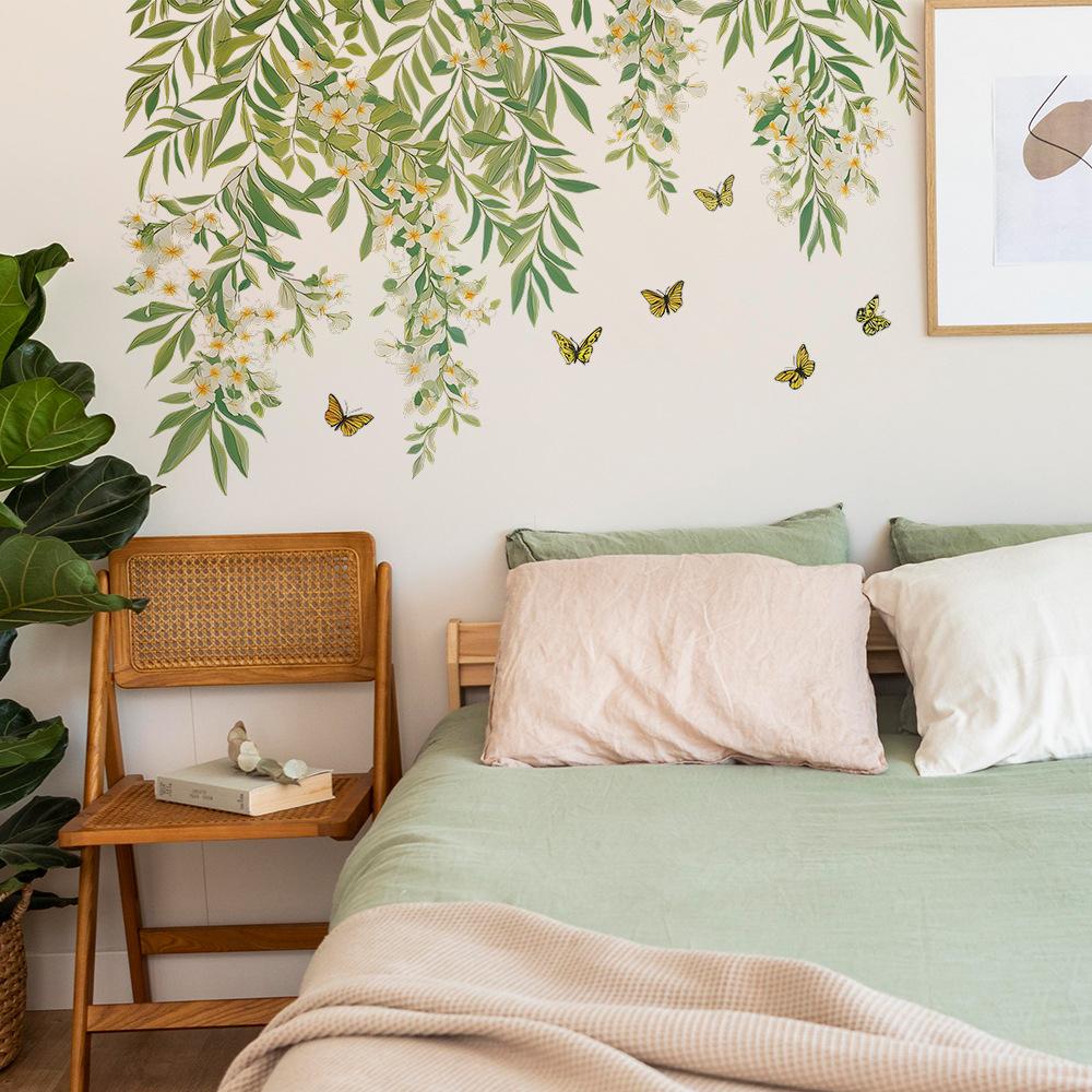 Fresh Green Leaves, Tree Branches, Small White Flower Butterflies, Living Room Home Wall Background Beautification Wall Stickers