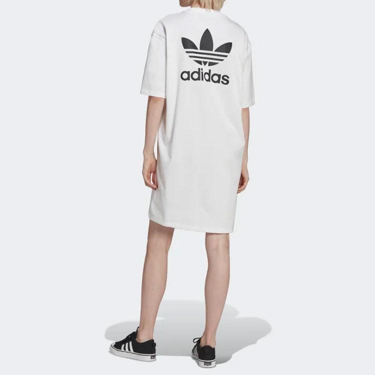 Adidas Originals Trefoil Logo Print Round Neck Pullover Short Sleeve Dress Women Dress White HC2034