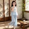 Girls' Summer Hanfu Sleeveless Top & Wide-Leg Pants Set