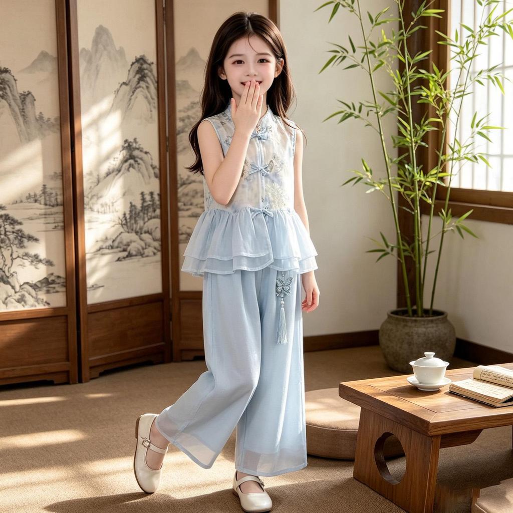 Girls' Summer Hanfu Sleeveless Top & Wide-Leg Pants Set