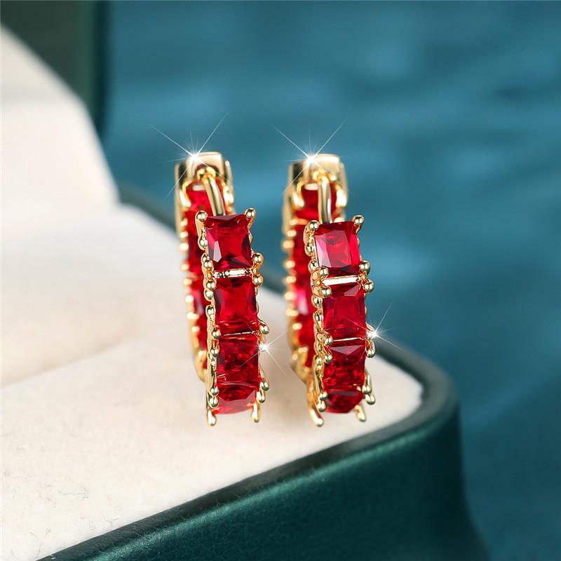 Cute Female Red Zircon Stone Square Hoop Earrings For Women Charm Female Gold Color Wedding Jewelry Gift