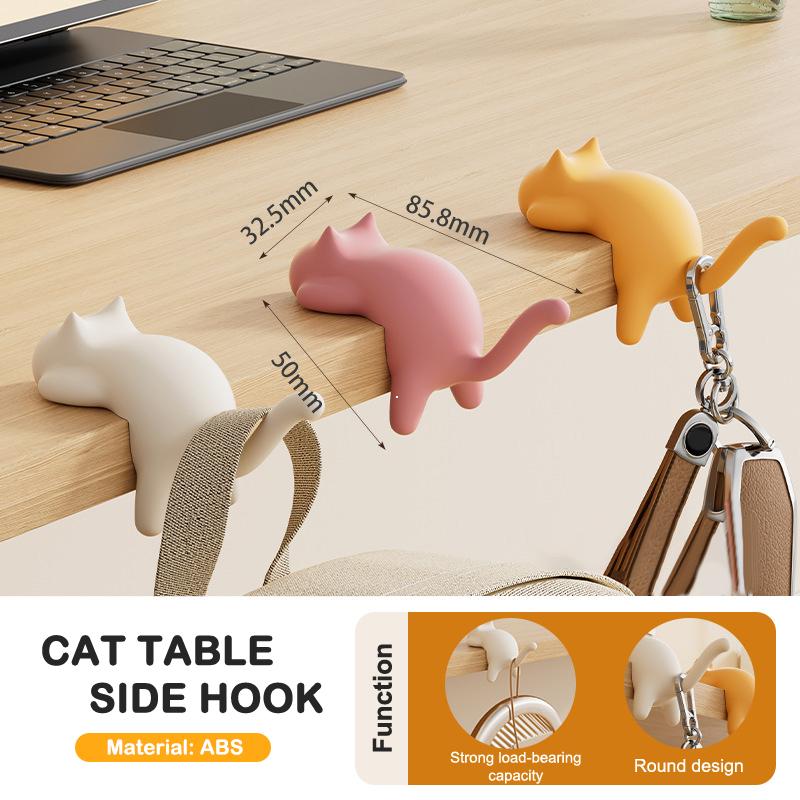 3Pcs Cute Portable Cat Bag Hook Hanger Table Hook Handbag Backpack Travel Bag Organizer Holder Home Office Decor Desk Side Hooks