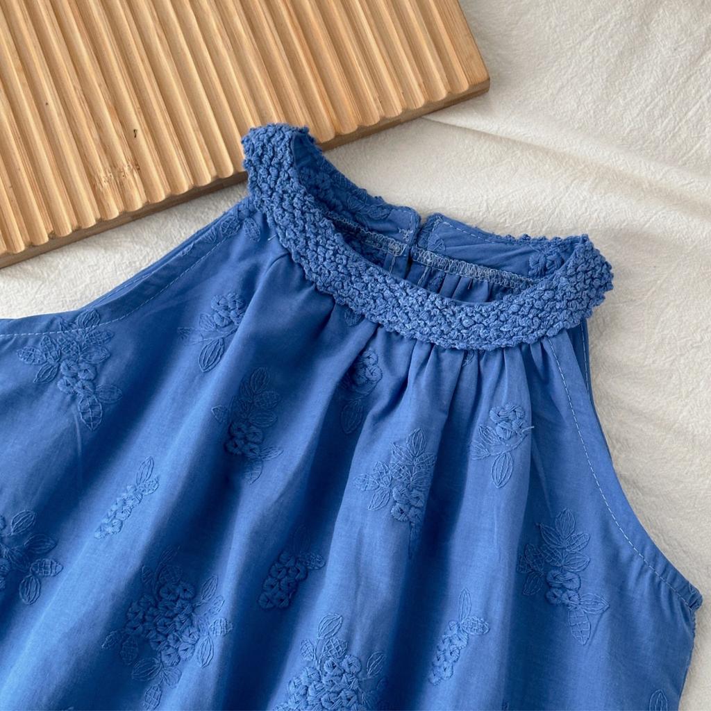 Summer Girls' Outfit New Style Lace Embroidered Tank Top And Lace Wide-Leg Pants Two-Piece Set
