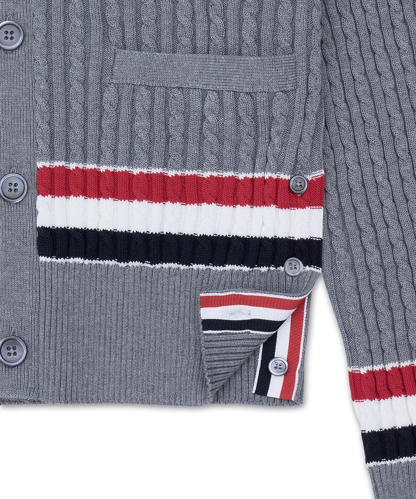 Thom Browne Rwb Striped Cotton Baby Cable V-Neck Cricket Cardigan - Light Grey / Mkc640Ay3014055