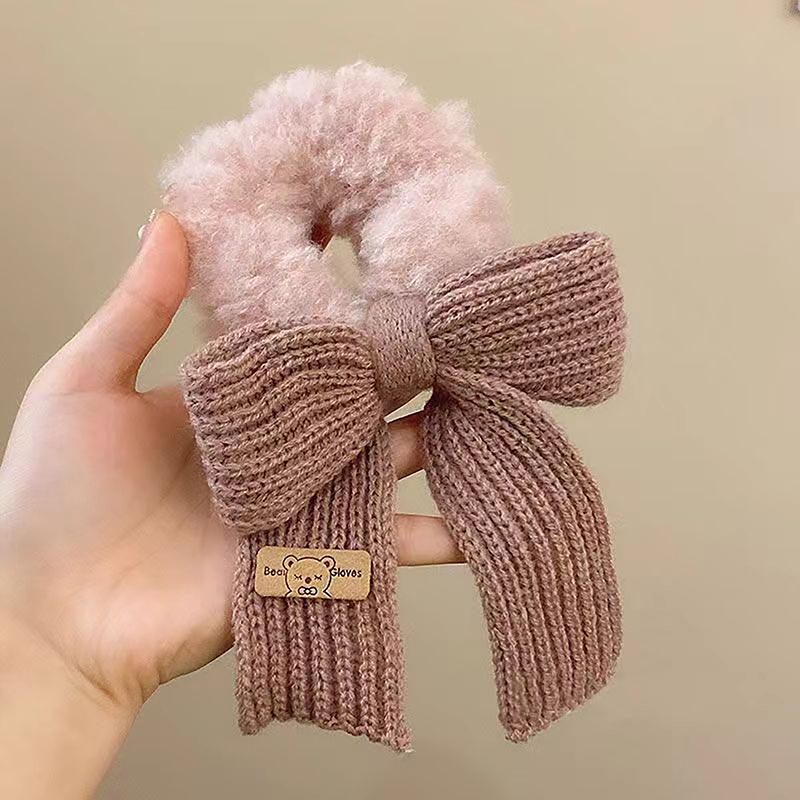 Cute Bow Rubber Band Lamb Wool Bowel Hair Rings Knitted Wool Plush Ponytail Hair Tie Headwear Scrunchies Girls Hair Accessories