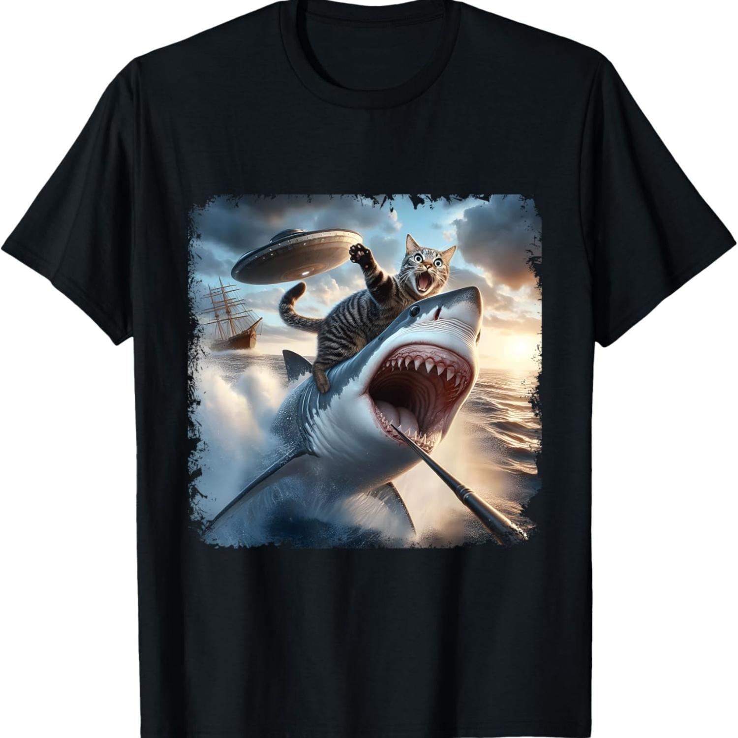 Смешная Селфи Кошки с Инопланетной Акулой Круизный Мем Дизайн Мужская Женская Детская Футболка S чёрный