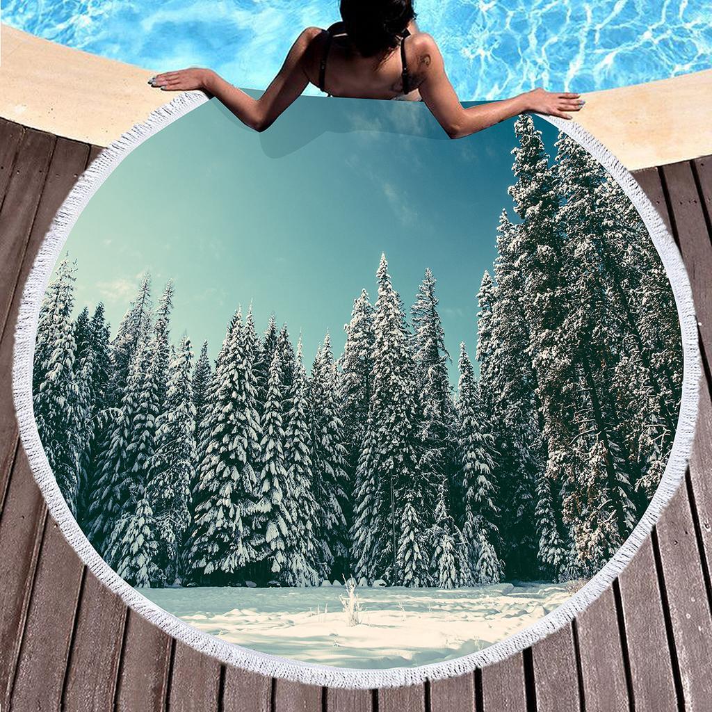 Pine Tree Printed Round Beach Towel with Tassels, Microfiber Beach Blanket, Absorbent Quick Dry Pool Towel Portable Picnic Mat