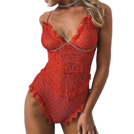 Dámské sexy průsvitné krajkové body s páskem a erotické spodní prádlo Deep-V