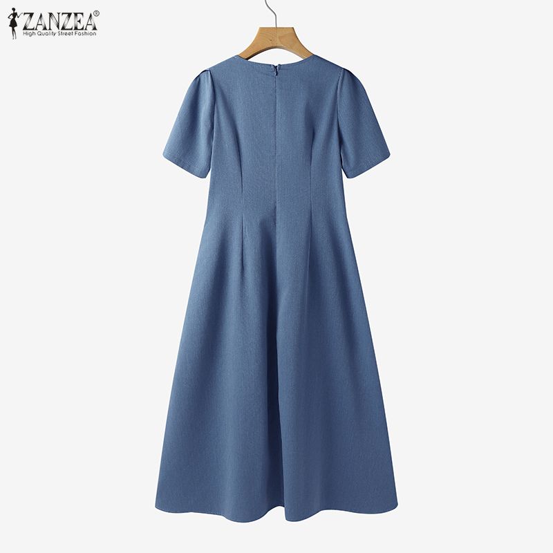 ZANZEA Women Casual Round Neck Summer Short Sleeve Elegant Dress