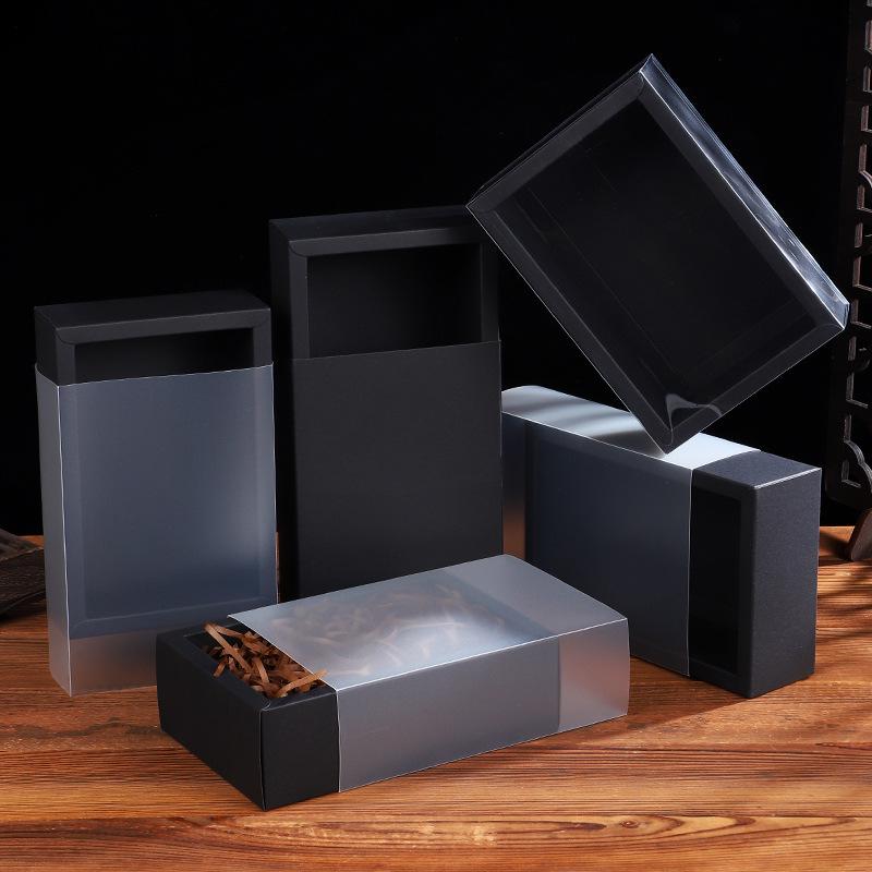 In Stock Black Cardstock Tea Flower Gift Box with Transparent Drawer Pull Kraft Paper Packaging