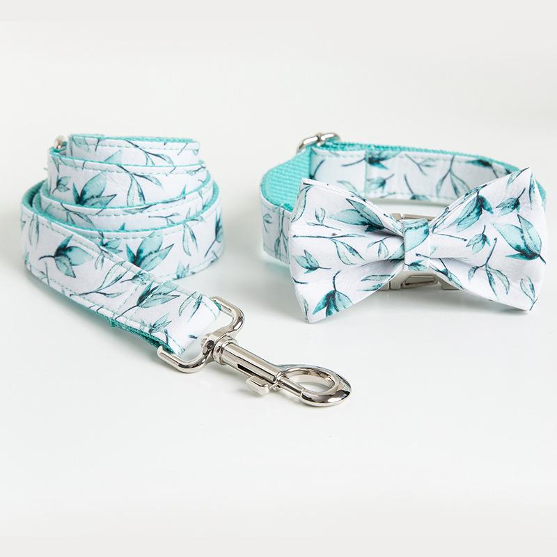 

Small Leaf Dog Collar Traction Rope Bow+cross-border Printed Pet Collar Traction Belt Walking Dog Rope