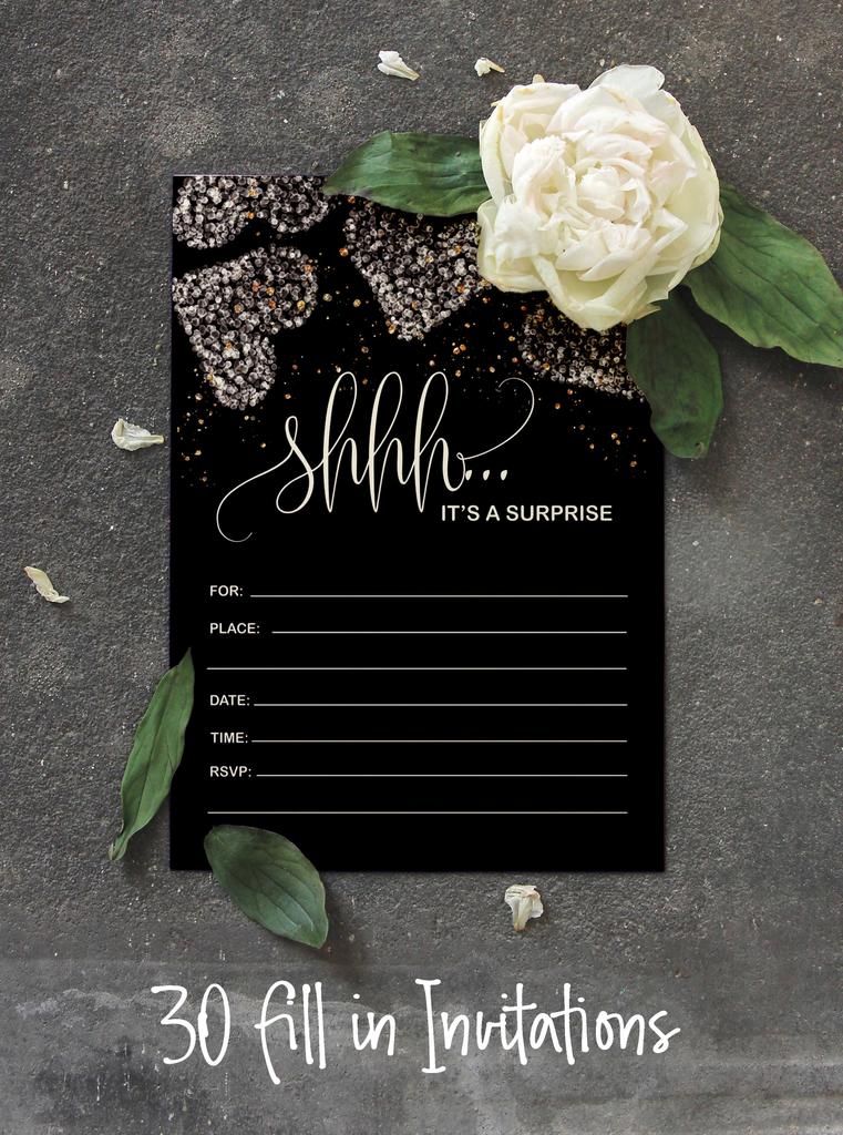 Inkdotpot Pack Of 30 Surprise Party Birthday Invitations With Envelopes, Black Retirement Party, Bridal Shower, Baby Shower Fill In Style Invites