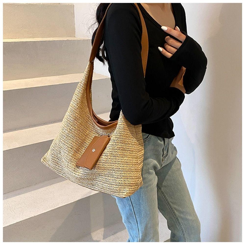 Large Capacity Beach Bag Bohemian Style Hollow Tote Bag Cute Raffia Shoulder Bag  Travel