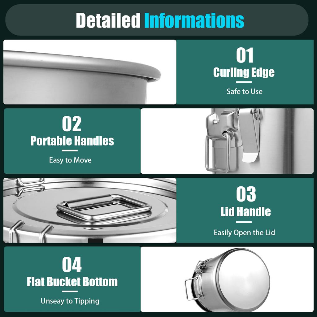 304 Stainless Steel Kitchen Airtight Canister 12L/3.17 Gal Rice Oil Food Storage Bucket Transport Can with Andles Airtight Lid