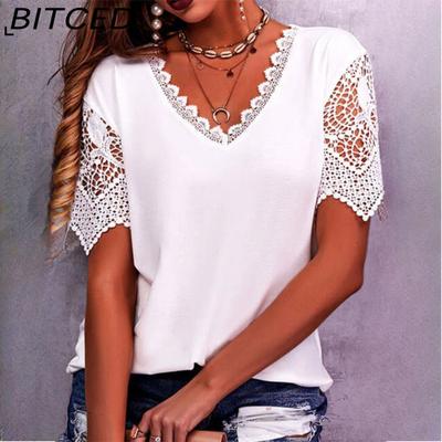 Frühling Sommer Damen Spitze Spitze Patchwork Lose V-Ausschnitt Kurzarm T-Shirt