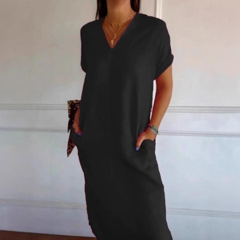 New Spring/Summer Women's V-neck Cotton-Linen Short-Sleeve Slit Loose-Fit Dress