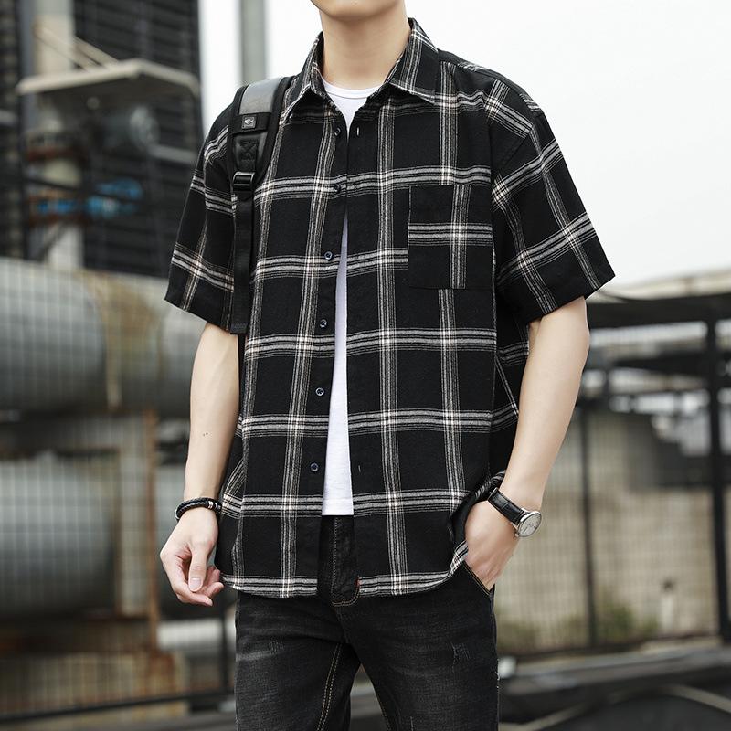 Summer Port Style Loose Lapel Men's Checkered Short-sleeved Shirt Fashion Brand Youth Casual Shirt Men's Cardigan Trend