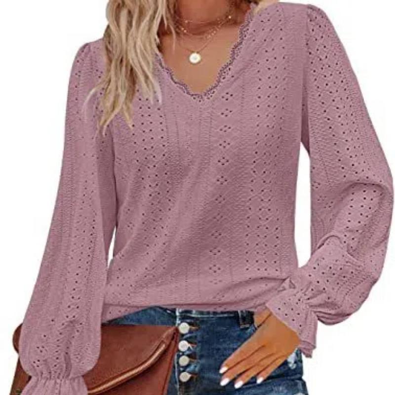 Women's Lace V Neck Puff Long Sleeve Eyelet Tops Dressy Business Casual Work Shirts Blouses Crochet Hollow Out Blouse Lace Pullover Top S-XXL