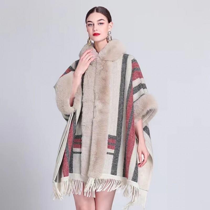 Womens Oversized Plaid Knit Cape Shawl With Fleece Lining Fur Trim Hooded Wrap Coat Winter