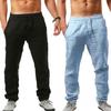 Men Solid Color Mid Rise Elastic Pockets Drawstring Long Pants Breathable Trousers