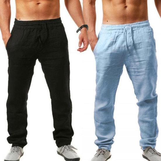 Men Solid Color Mid Rise Elastic Pockets Drawstring Long Pants Breathable Trousers